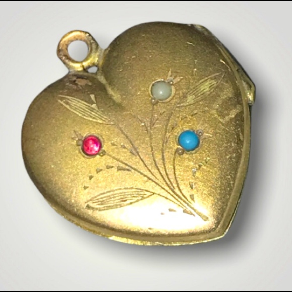 Victorian Heart Shaped with Red, White, Blue Stones & an Etching Design